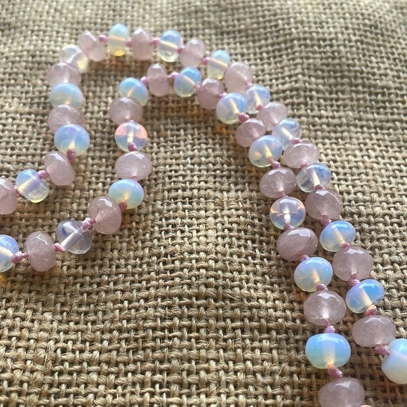 Necklace Opal & Pink Jade Stone Quartz hand made Knotted one of a kind New Beads - Picture 8 of 14